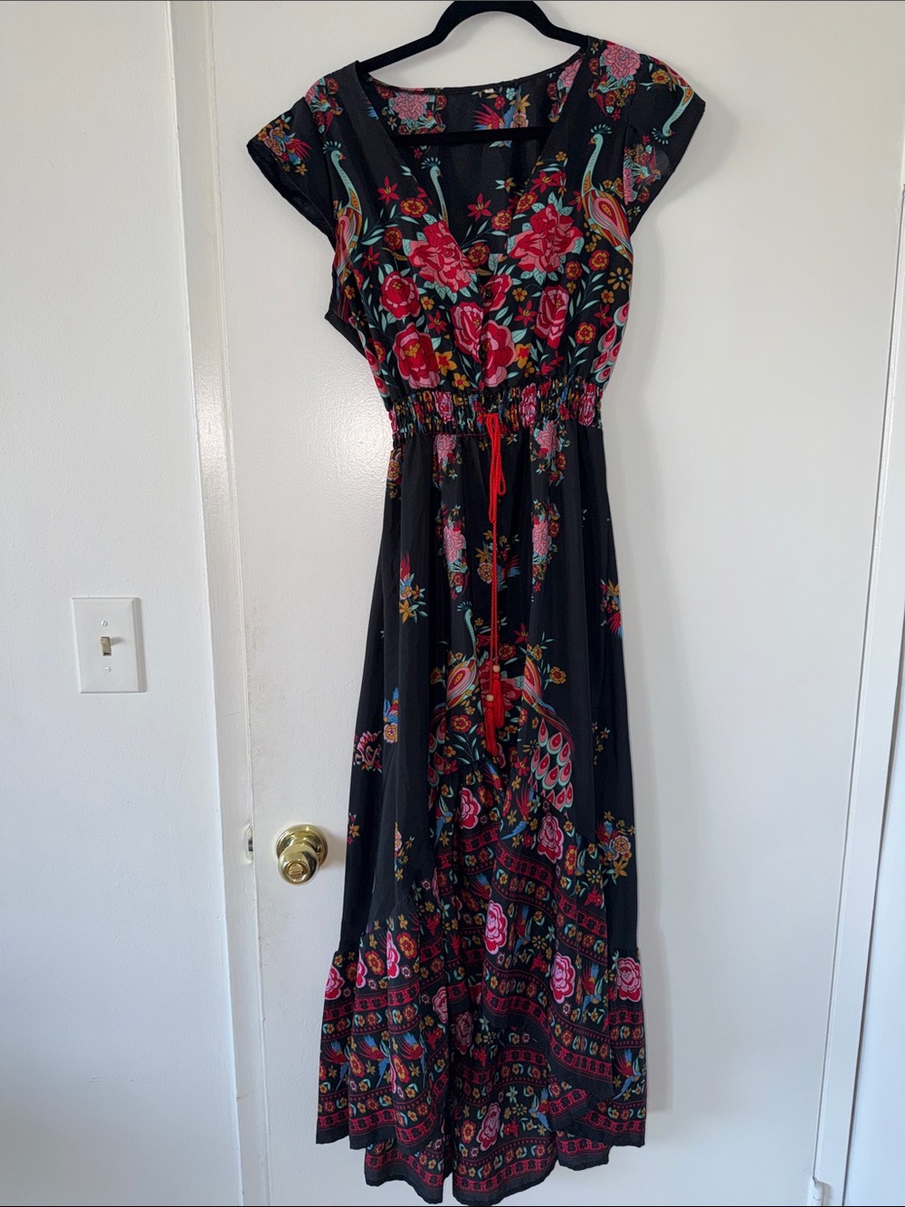 Floral Black Maxi Dress with Pink & Red Accents